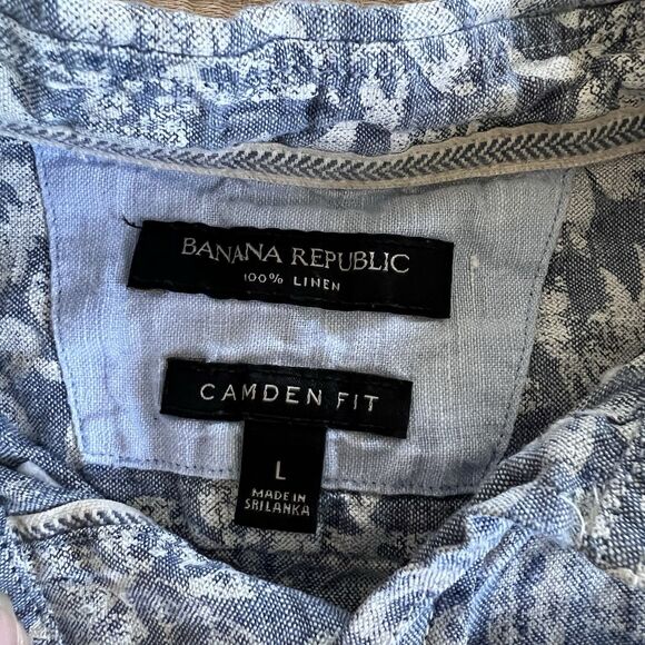 Banana Republic Linen Button Up Shirt Men Sz L Blue Chambray Floral Short Sleeve - Picture 8 of 11
